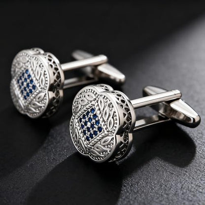 Men's Cufflink Set, Silver with Blue Zircon, Comes with a Gift Box, Can be Used as Accessories and Gifts. Add Color to your Clothes.