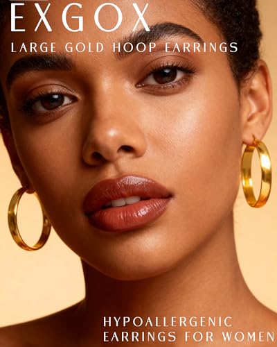 EXGOX 5mm Wide Gold Hoop Earrings for Women,Sterling Silver Hoop Earrings Large Silver Hoop Earrings Hypoallergenic Lightweight 14K Real Gold Plated Big Hoop Earrings for Women 30/40/50/60/70mm - color: 8MM-Gold Hoop-50mm