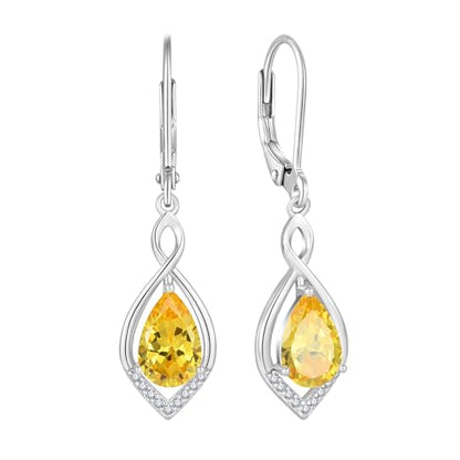 Infinity Teardrop Earrings 925 Sterling Silver Dangle Drop Leverback Earrings Birthstone Jewelry for Women - color: Yellow