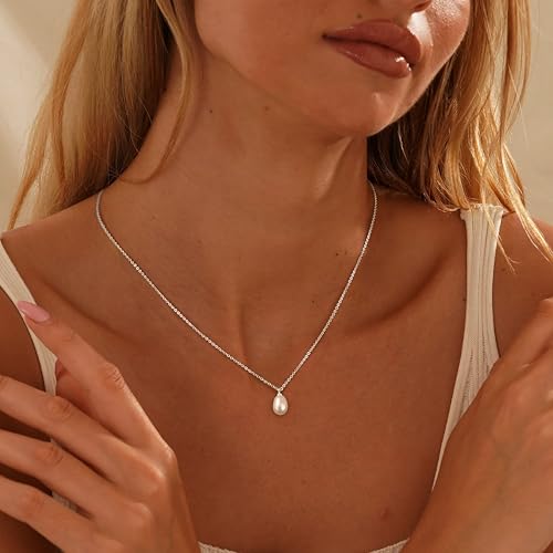 Pearl Necklaces for Women,Dainty Gold Pendant Necklaces Waterproof Jewelry | 14K Gold Plated Pearl Necklaces,Dainty Elegant Wedding Necklace,Small Cute Adjustable Minimalist Necklace,Non Tarnish Jewelry - color: SILVER-1