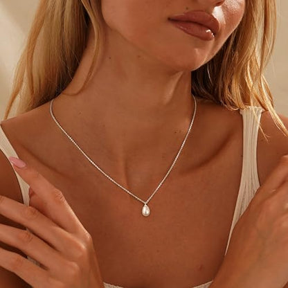 Pearl Necklaces for Women,Dainty Gold Pendant Necklaces Waterproof Jewelry | 14K Gold Plated Pearl Necklaces,Dainty Elegant Wedding Necklace,Small Cute Adjustable Minimalist Necklace,Non Tarnish Jewelry - color: SILVER-1