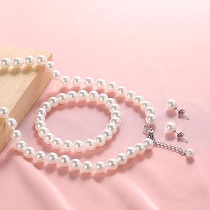 White Faux Pearl Jewelry Set for Women & Girls, Necklace Bracelet Earrings | Hand Knotted Craftsmanship, Glass Material, Daily Elegant Outfit, Gift - style: 15inch