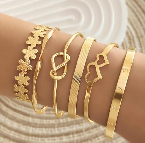 Gold Bangle Bracelet, 6 Pcs Layer Stackable Cuff Bracelet Set, 14K Gold Plated Dainty Layered Chain for Women (Gold)