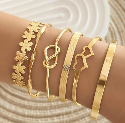 Gold Bangle Bracelet, 6 Pcs Layer Stackable Cuff Bracelet Set, 14K Gold Plated Dainty Layered Chain for Women (Gold)