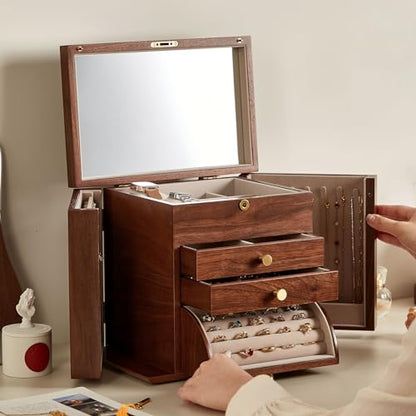 CHOSIN Black Walnut Wooden Jewelry Box for Women with Lock, Mirror, 4 Layer | Locking wity Key, 2 Drawers, Rotating Ring Holder, 2 Side Doors, Large Capacity for Necklaces, Earrings, Rings, Women Gifts - size: 4 Layer - Top & Side Lock