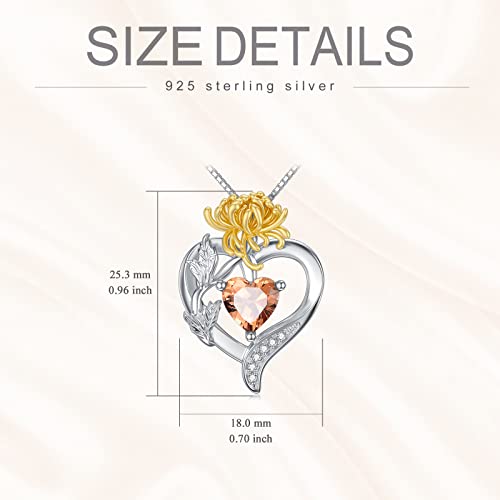 TOUPOP Birth Flower Necklace 925 Sterling Silver Heart Birthstone Pendant Necklaces Birth Month Floral Jewelry Birthday Valentines Day Mothers Day Gifts for Women Wife Mom - style: 11-November-Chrysanthemum