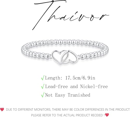 Beaded Bracelets for Women 14K Silver Gold Plated Stretch Handmade Ball Bracelets Cute Charm Bracelet Dainty Stackable Cross Heart Bow Wave CZ Circle Trendy Jewelry Easter Gifts - color: double-heart-silver
