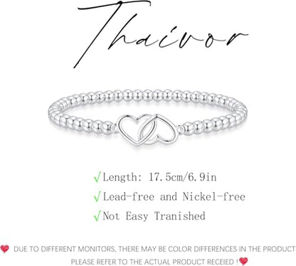 Beaded Bracelets for Women 14K Silver Gold Plated Stretch Handmade Ball Bracelets Cute Charm Bracelet Dainty Stackable Cross Heart Bow Wave CZ Circle Trendy Jewelry Easter Gifts - color: double-heart-silver