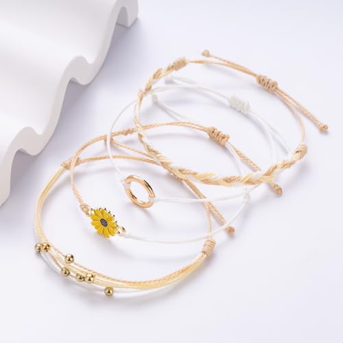 Sunflower Friendship Bracelets Boho Stackable String Bracelets Cute Trendy Gifts for Teen Girls Women - color: Ivory