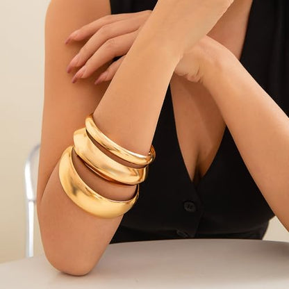 Denifery 3PCS Chunky Gold Bangle Bracelets Trendy Wide Chunky Cuff Bracelets Hammered Wrist Cuff Wrap Bracelet for Women - color: Gold