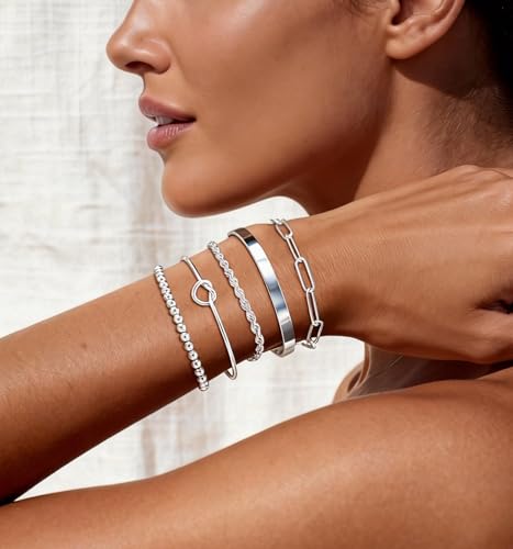 14K Gold Plated Stackable Bangle Bracelets Set for Women | Cuff Bracelet Stackable Bangles Bracelet for Women Trendy Fashion Accessories Tie Knot Cuban Rope Paperclip Beaded Bracelets - color: 5-layer A SL