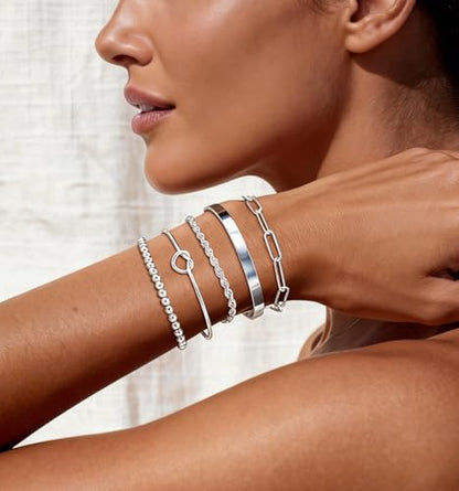 14K Gold Plated Stackable Bangle Bracelets Set for Women | Cuff Bracelet Stackable Bangles Bracelet for Women Trendy Fashion Accessories Tie Knot Cuban Rope Paperclip Beaded Bracelets - color: 5-layer A SL