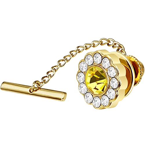 AMITER Crystal/Pearl Tie Tack with Chain, Gold Mens Tie Pin Necktie Pins Lapel Pin for Wedding Birthday Anniversary Party - color: 24k Gold+Yellow Crystal