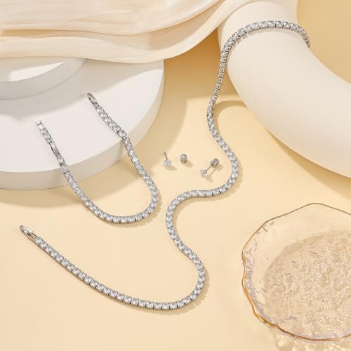 Tennis Jewelry Set for Women 4mm Cubic Zirconia Necklace Bracelet Earring 3Pcs Set Silver Tone Hypoallergenic Iced Out CZ Bridal Accessories Dainty Wedding Party Anniversary Birthday Gift for Her - color: silver 16 inches