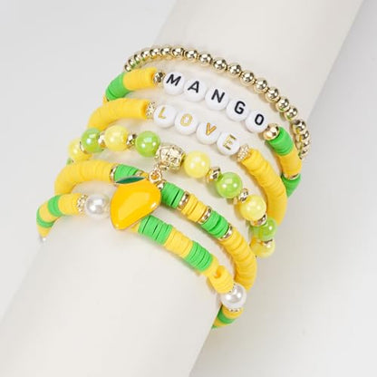 Twinfree Bohemian Cute Fruit Banana Cherry Strawberry Pineapple Mango Polymer Clay Beaded Stackable Stretch Bracelets - color: Color 4