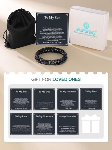 Supcare Unique Anniversary Birthday Valentines Fathers Day Stainless Steel Cuban Link Bracelets for Men Him, To My Man Dad Husband Love Always Remember Wrist Chain Bracelet Jewelry Gifts - color: C-Black 01 To My Son, size: 7.5 Inches-12mm Width