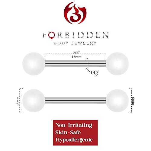 Forbidden Body Jewelry 14g 16mm (5/8 Inch) Hypoallergenic Titanium Double Ball Nipple & Tongue Ring Barbells - style: White