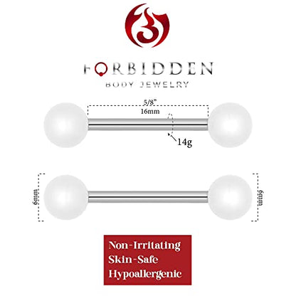 Forbidden Body Jewelry 14g 16mm (5/8 Inch) Hypoallergenic Titanium Double Ball Nipple & Tongue Ring Barbells - style: White