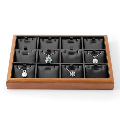 Solid Wood 12 Grid Stackable Jewelry Necklace Pendant Display Tray | Sturdy solid wood & scratch-proof PU leather lining, 12-grid tray with inserts for home drawer & retail necklace display - color: Black, size: Necklace Tray