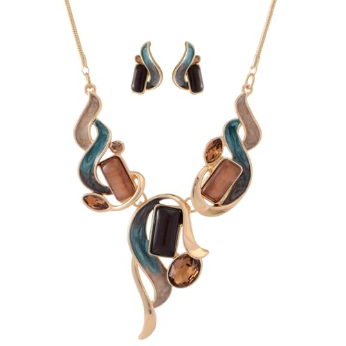 Chunky Statement Jewelry Set Vintage Retro Leaf Flower Floral Geometric Bohemian Boho Bib Necklace Earring Set Fashion Costume Jewelry for Women Girls Wedding Party Prom Unique Gift - style: Rectangle-blue
