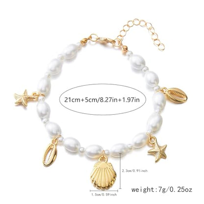 Qceasiy Shell Ankle Bracelets for Women, Boho Beaded Beach Anklet Set | Seashell, Heart, Starfish and Conch Styles, Gold-Tone, Stretch or Adjustable Fit, Layered Beach Vacation Jewelry Gifts - color: White 6