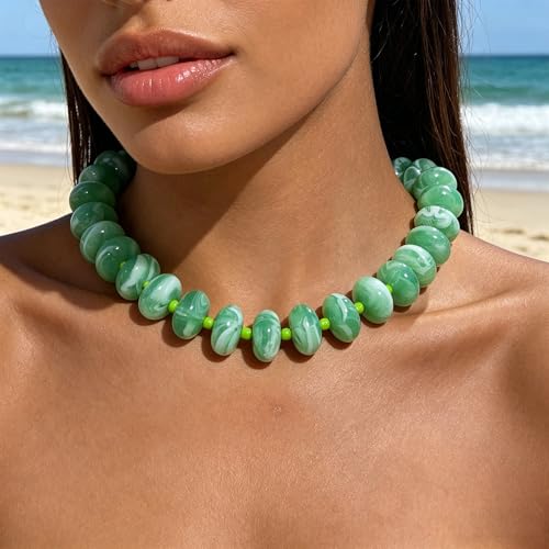 Beaded Necklace for Women Statement Chunky Necklace Boho Bead Choker Acrylic Big Bead Necklaces Summer Beach Jewelry for Women - color: Green
