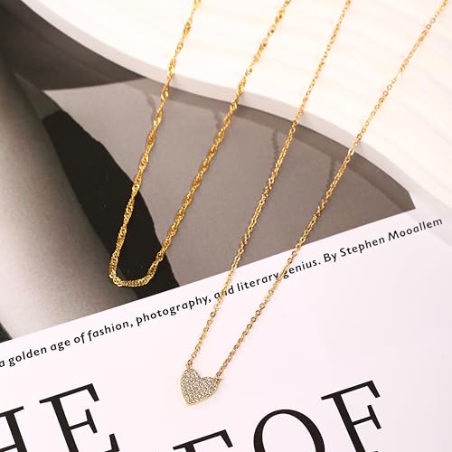 Gold Layered Necklaces for Women, 14K Gold Plated Paperclip Snake Chain Necklace Set, Dainty Coin Cross Tear Pendant Layering Choker Necklaces, Simple Trendy Stackable Jewelry Gifts - color: Diamond Heart Necklace