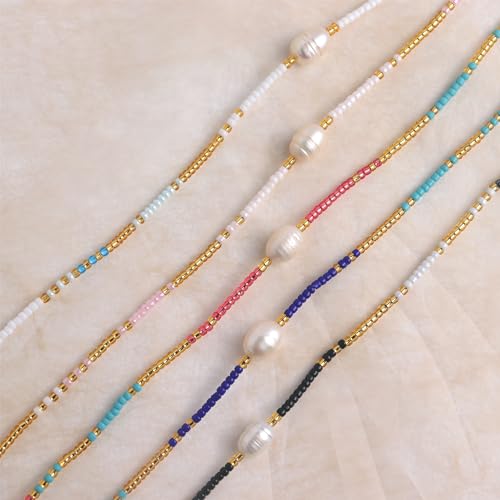 Boho Pearl Beaded Choker Necklaces for Women, Dainty Handmade Colorful Seed Beads Adjustable Long Necklace Summer Beach Surfer Bohemian Jewelry Gift