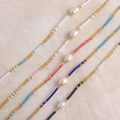 Boho Pearl Beaded Choker Necklaces for Women, Dainty Handmade Colorful Seed Beads Adjustable Long Necklace Summer Beach Surfer Bohemian Jewelry Gift