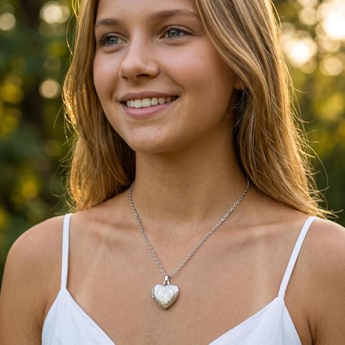 YOUFENG Love Heart Locket 14K Gold-Filled Oval Circle Rectangle Lockets that Hold Pictures Floral Patterns Necklace for Women - style: Silver Heart