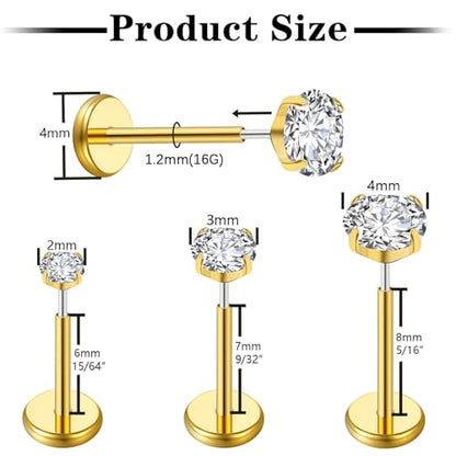 Gotumo 20G Flat Back Earrings Stud G23 Titanium Threadless Tragus Labret Cartilage Lip Medusa Conch Body Piercing Jewelry Hypoallergenic for Women Men - color: Gold 16G Bar-6/7/8mm&CZ-2/3/4mm