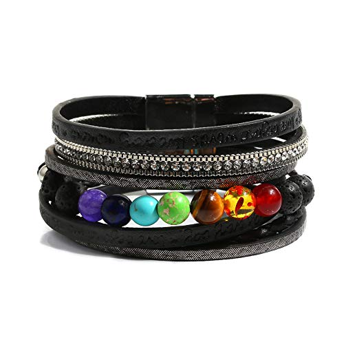 Vercret Leather Wrap Bracelet for Women, Multi-Layer Cuff Bangle | Boho Stacked Bracelets with Safe Clasp Western Bangle Jewelry Gift for Lady and Mom Sister Friend - style: Chakra