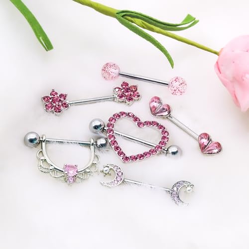 14G Nipple Rings for Women 316L Stainless Steel Heart,Butterfly,Moon,Devil,Flower Nipple Barbell CZ Nipple Rings Set Nipplerings Piercing Jewelry - color: PINK 1