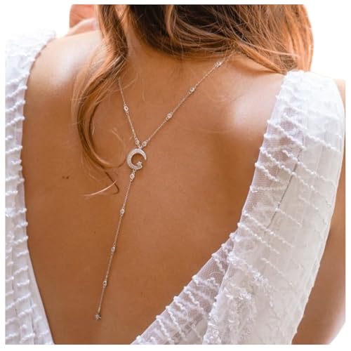 Simple Rhinestone Moon Star Back Chain Body Jewelry for Women Sexy Backless Crystal Necklace Bridal Wedding Backdrop Dress Accessories Jewelry - color: Silver