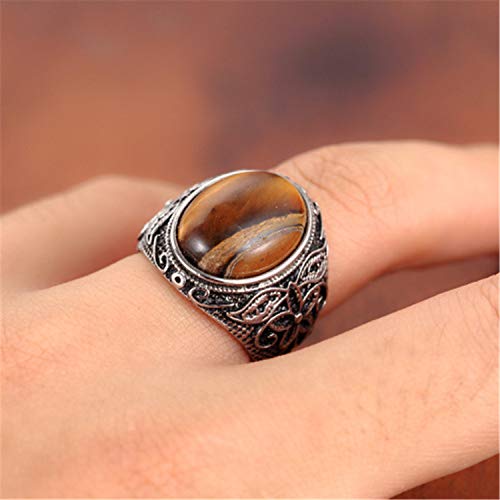 Retro Unisex Stainless Steel Oval Gemstone Hollow Flower Carved Signet Ring - color: Silver-Brown