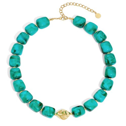 Chunky Beaded Necklace for Women,Square Resin beads boho Choker Necklace with gold-tone spacers,Fashion Trendy Summer Beach Party Necklaces Handmade Surfer Beach Necklaces Jewelry Gifts - color: Turquoise