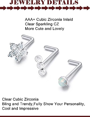 Prjndjw 20G 18G Nose Rings Studs Surgical Steel Nose Stud Glow Dark Heart Opal CZ Flower Nose Piercing Jewelry Nose Rings for Women Straight Screw L Shaped Nose Rings Hypoallergenic Nose Piercing Kit - color: 18G-L Shape nose rings