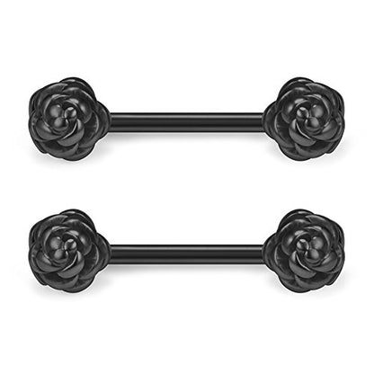 316L Stainless Steel Vintga Flower Rose Nipple Shield Barbell Ring Bar Body Piercing 14G 2-12PCS - color: 2pcs - Black