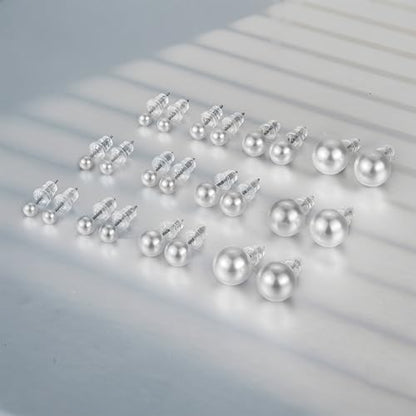 12 Pairs Pearl Stud Earrings for Women | White Pearl CZ Ball Hypoallergenic Earrings, Bridal Simulated Pearl Rhinestone Pearls Stud Earrings Jewelry Set for Wedding - color: White