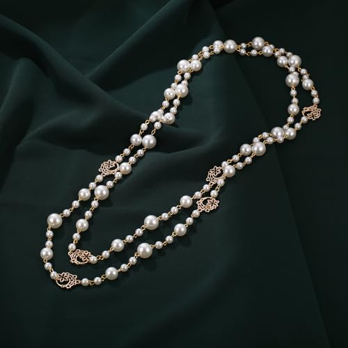 Simulated Pearl Strand Layered Necklace for Women, Multi Strand Long Necklace, Dainty Sweater Necklace for Party Costume Jewelry - style: Moon Star
