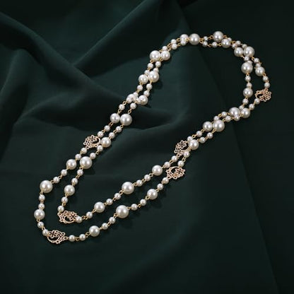 Simulated Pearl Strand Layered Necklace for Women, Multi Strand Long Necklace, Dainty Sweater Necklace for Party Costume Jewelry - style: Moon Star