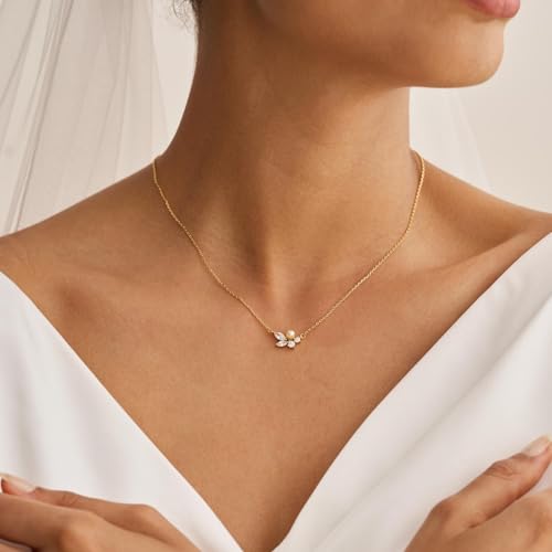 Pearl Necklaces for Women,Dainty Gold Pendant Necklaces Waterproof Jewelry | 14K Gold Plated Pearl Necklaces,Dainty Elegant Wedding Necklace,Small Cute Adjustable Minimalist Necklace,Non Tarnish Jewelry - color: GOLD-14