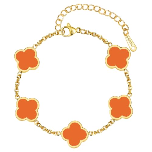 Four Leaf Clover Bracelet for Women 18K Gold Plated Stainless Steel 4 Leaf Link Chain Adjustable Bracelets Lucky Gift for Women/White/Black/Rich Red/Emerald Green/ Navy Blue/Pink Bracelets - color: Orange/Gold