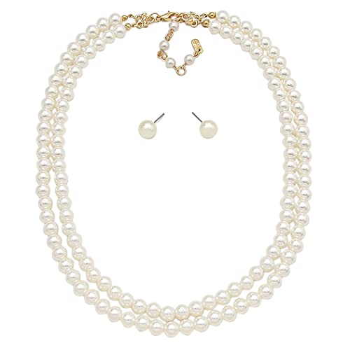 Rosemarie Collections Double-Strand Classic Simulated Pearl Necklace And Earring Set - Adjustable Faux Pearl Necklaces for Women - Elegant Jewelry for Special Occasions & Everyday Wear - color: 8mm, Cream Pearl Gold Tone