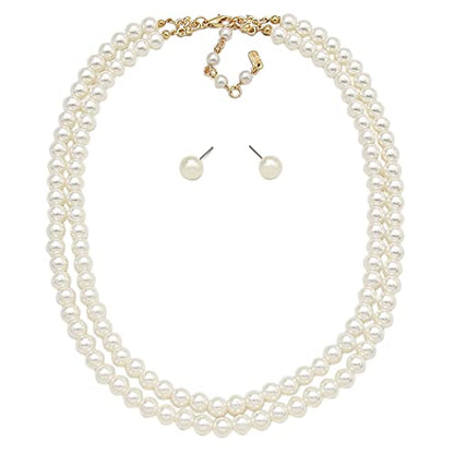 Rosemarie Collections Double-Strand Classic Simulated Pearl Necklace And Earring Set - Adjustable Faux Pearl Necklaces for Women - Elegant Jewelry for Special Occasions & Everyday Wear - color: 8mm, Cream Pearl Gold Tone