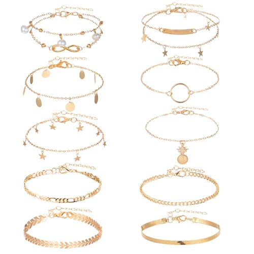 12pcs Gold/Silver Ankle Bracelets for Women Layered Waterproof 14k Cuban Link Chain Anklets Set Adjustable Dainty Summer Beach Gold Accessories Boho Bracelet Jewelry - style: 10PCS Style D
