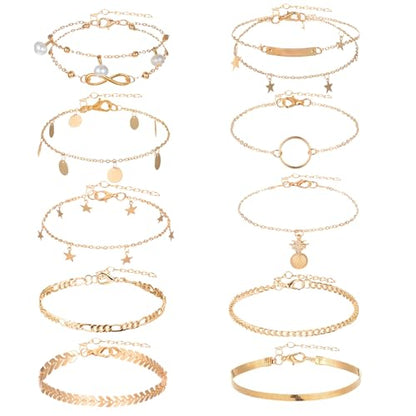 12pcs Gold/Silver Ankle Bracelets for Women Layered Waterproof 14k Cuban Link Chain Anklets Set Adjustable Dainty Summer Beach Gold Accessories Boho Bracelet Jewelry - style: 10PCS Style D