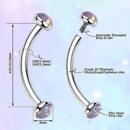G23 Titanium Eyebrow Piercing Jewelry Eyebrow Rings Curved Barbell 16G Eyebrow Belly Button Ring Navel Rings Rook Daith Earrings Lip Ring Eyebrow Jewelry 6mm-12mm - color: 2PCS,Disc Shape Purple Opal,Silver