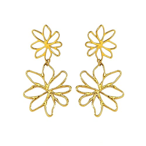Gold Statement Earrings For Women, 14K Gold Plated Textured Geometric Drop Earrings - Hypoallergenic Stainless Steel Statement Earrings for Women, Waterproof Fan-Shaped Dangle Earrings for Beach & Daily Wear - color: Floral DKE252024GL