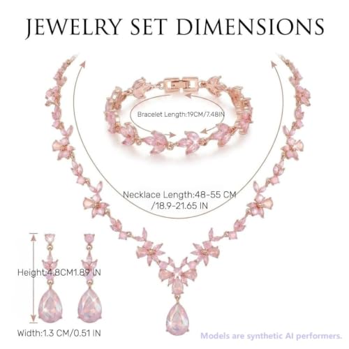Kamirola Bridal Jewelry Set, Jewelry Set for Women, Necklace Dangle Earrings Bracelet Set, White Gold Plated (TR76) - color: Cream Pink